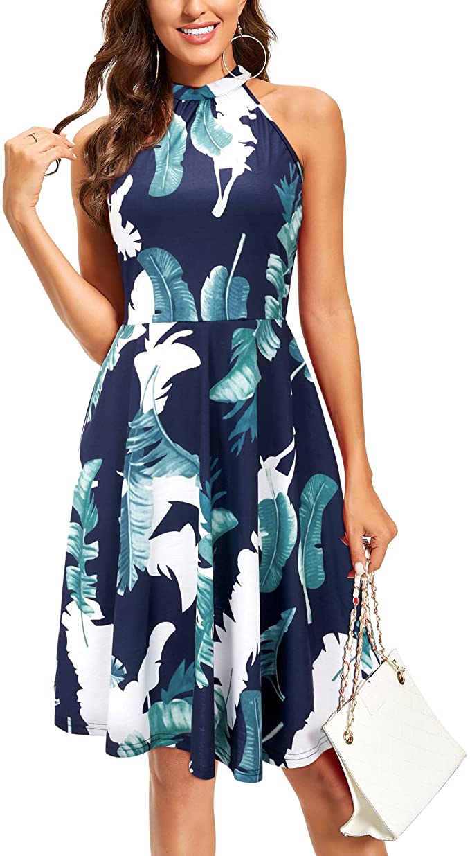 White Floral-6 Women's Halter Neck Floral Summer Casual Sundress - OUGES | Women's Casual Dresses