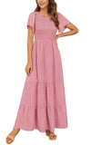 Pink Polka Dot Women's Round Neck Short Flutter Sleeve Smocked Ruffle Floral Maxi Dress - Kranda | Women's Formal Dresses