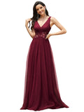 Women's Elegant Double V Neck Appliqued Sequin Tulle Maxi Formal Dress  - Sara Clothes