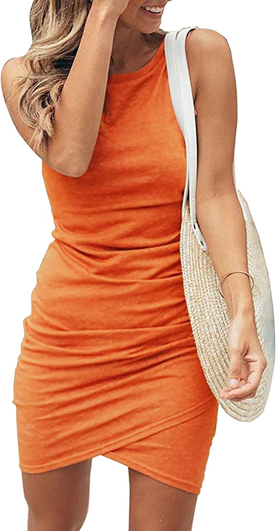 Bright Orange Women Casual Dress Crew Neck Ruched Summer Sleeveless Tank Bodycon Shirt Short Mini Dresses - BTFBM | Women's Club Dresses