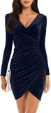 Dark Navy Womens Wrap V Neck Long Sleeve Velvet Bodycon Ruched Cocktail Party Dress - Guberry | Women's Formal Dresses