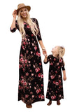 Floral Black Long Sleeve Summer Cute Mommy and Me Boho Striped Chevron Maxi Dresses - WIWIQS | Women's Casual Dresses