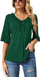 Green V Neck T Shirt Casual V Neck T Shirts Loose Summer Tops Ruffle - Ivicoer | Women's Tops and Blouses