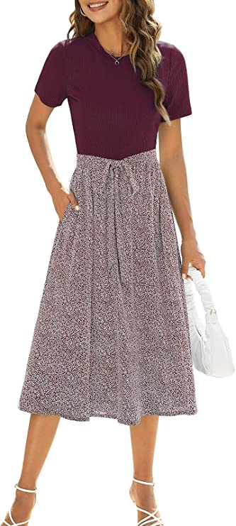 Burgundy Women Short Sleeve Ribbed Midi Dress Modest Casual Work Dress with Pockets - Zattcas | Women's Casual Dresses