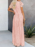 Pink Women's V Neck Short Sleeve Floral Lace Wedding Dress Bridesmaid Cocktail Party Maxi Dress - MEROKEETY | Women's Formal Dresses