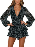 Black Women's Jumpsuit Floral Print V Neck Baggy Sleeve Waist Tie Double Layer Ruffle Hem Short Mini Dress Romper - Relipop | Women's Casual Dresses