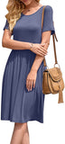 Blue Gray Crewneck Women Summer Casual Short Sleeve Dresses Empire Waist Dress With Pockets - Db Moon | Women's Casual Dresses