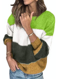 Green Strap Womens Color Block Sweaters Long Sleeve Crewneck Pullover Knit Jumper Tops - Dokotoo