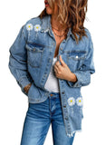 Sky Blue Flower Women's Oversized Denim Jacket Casual Long Boyfriend Distresse Jean Jacket Autumn Spring - Dokotoo