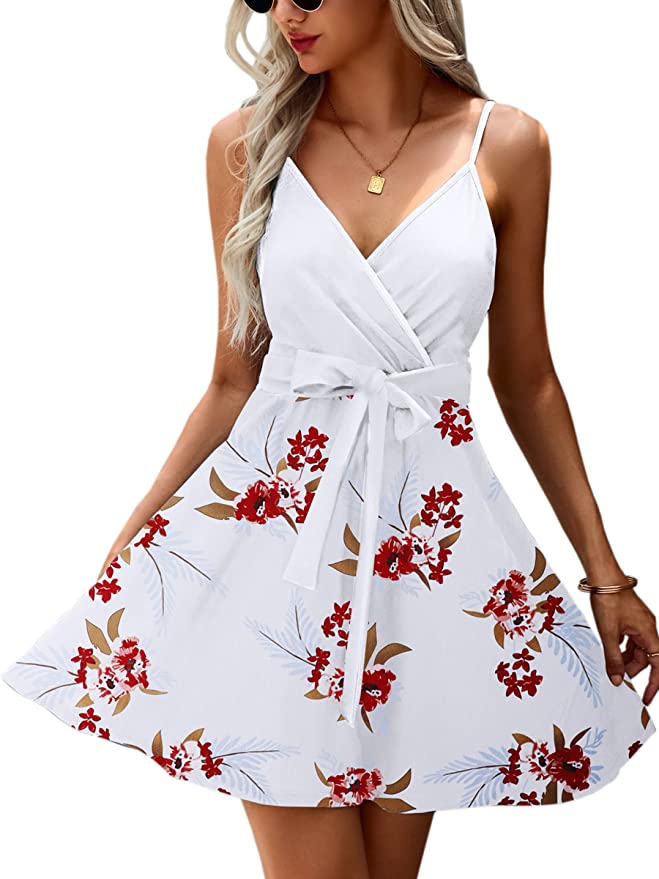 White Red Womens V-Neck Spaghetti Strap Bowknot Backless Sleeveless Lace Mini Swing Skater Dress - Ecowish | Women's Casual Dresses