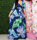 Blue Leaf Womens Casual Floral Print Long Maxi Dress Plus Size Plain Party Outfits - JTNFairy | Women's Casual Dresses