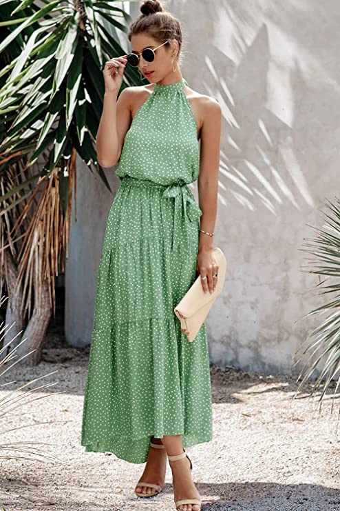 Green Women's Casual Halter Neck Sleeveless Floral Long Maxi Dress Backless Loose Ruffle Sundress with Belt - PRETTYGARDEN | Women's Formal Dresses