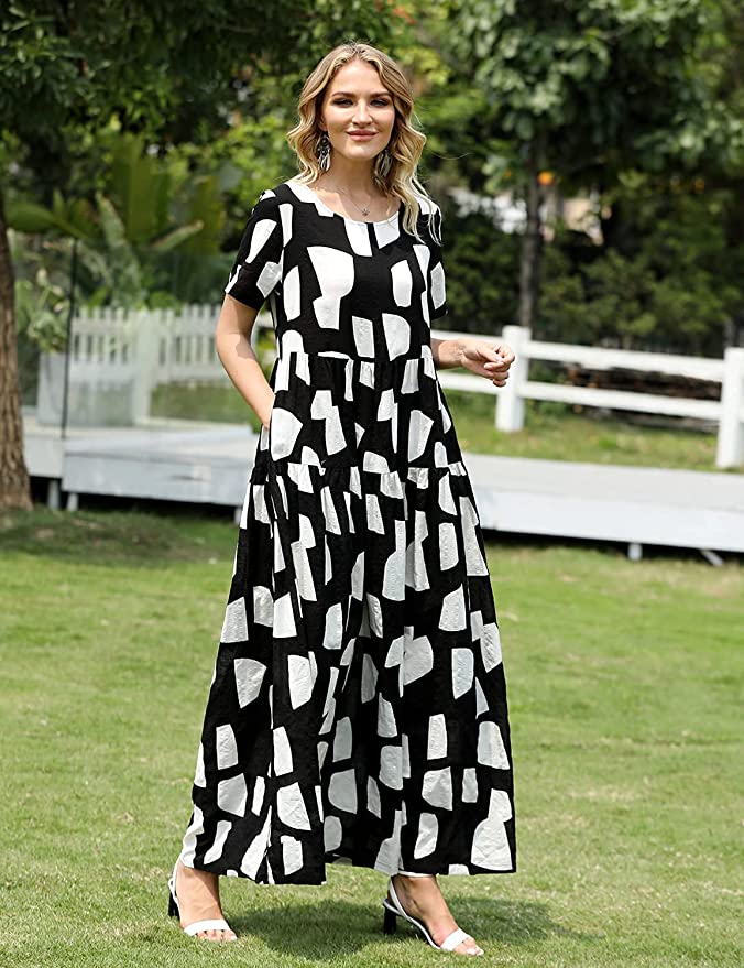 Black White Women Casual Loose Bohemian Floral Dress with Pockets Shor Original Brand