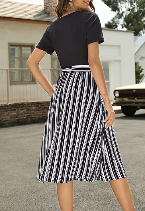 White Light Blue Women Short Sleeve Ribbed Midi Dress Modest Casual Work Dress with Pockets - Zattcas | Women's Casual Dresses