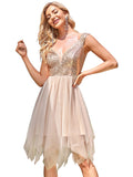 Women's V Neck Sequin Tulle Irregular Sparkle Homecoming Dress for Teens  - Sara Clothes