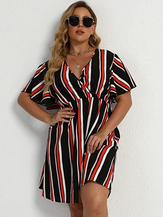 Red Black Women's Plus Size Striped Print Wrap V Neck Short Sleeve A Line Dress - Floerns | Women's Formal Dresses