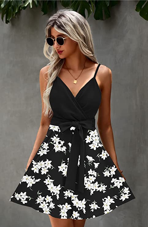 Black White Women's Sexy V Neck Printed Spaghetti Strap Beach Romper Shorts Jumpsuit - Angashion | Women's Cocktail Dresses