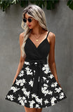 Black White Women's Sexy V Neck Printed Spaghetti Strap Beach Romper Shorts Jumpsuit - Angashion | Women's Cocktail Dresses