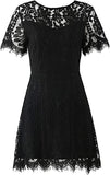Black White Women's Elegant Round Neck V-Back Wedding Guest Floral Lace Cocktail Party A Line Dress - MSLG | Women's Cocktail Dresses