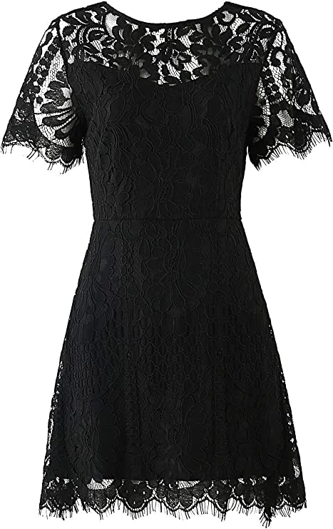 Navy Women's Elegant Round Neck V-Back Wedding Guest Floral Lace Cocktail Party A Line Dress - MSLG | Women's Cocktail Dresses