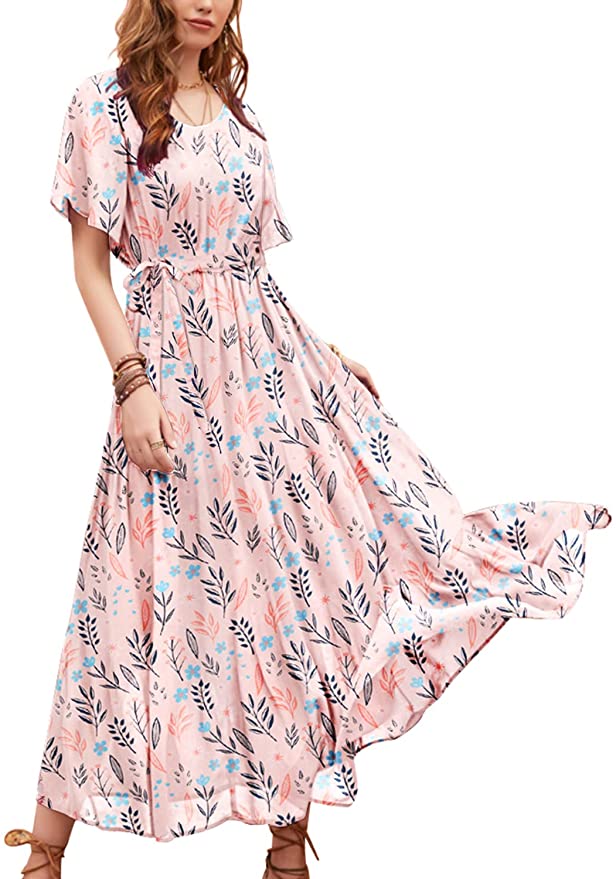 Light Pink Lace Knotted on the Left Women Casual Loose Bohemian Floral Dress with Pockets Short Sleeve Long Maxi Summer Beach Swing Dress - Yesno | Women's Casual Dresses
