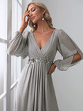 Gray Women's A-line Long Sleeve V-Neck Chiffon Mother of The Bride Dress - Ever-Pretty