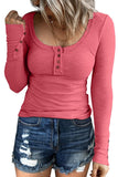 Pink Women's Long Sleeve Shirts Casual Fall Henley Top Button Down Blouses Basic Ribbed Knit T Shirts - Kissfix | Women's Tops and Blouses