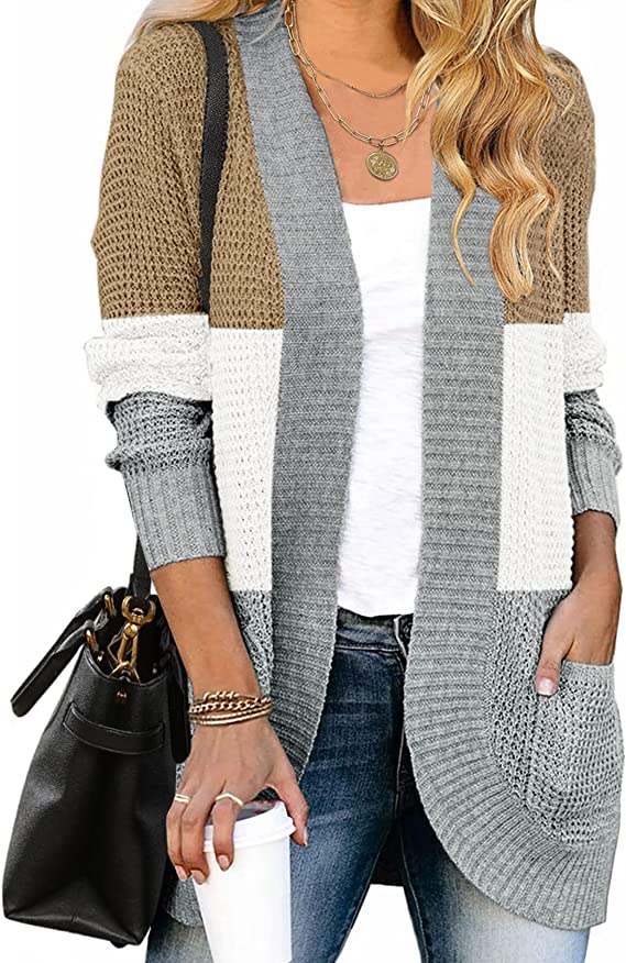 Contrast Khaki Women's Long Sleeve Open Front Casual Lightweight Soft Knit Cardigan Sweater Outerwear - ZESICA | Women's Cardigan