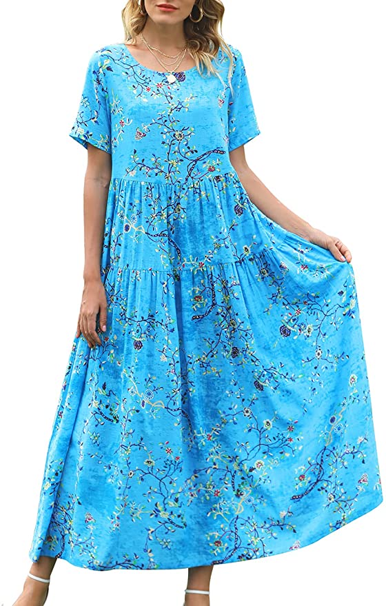 Blue Women Casual Loose Bohemian Floral Dress with Pockets Short Sleeve Long Maxi Summer Beach Swing Dress - Yesno | Women's Casual Dresses