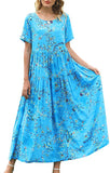 Blue Women Casual Loose Bohemian Floral Dress with Pockets Short Sleeve Long Maxi Summer Beach Swing Dress - Yesno | Women's Casual Dresses