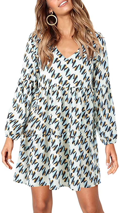Houndstooth Long Sleeve Women Summer Tunic Dress V Neck Casual Loose Flowy Swing Shift Dresses - Amoretu | Women's Casual Dresses
