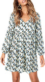 Houndstooth Long Sleeve Women Summer Tunic Dress V Neck Casual Loose Flowy Swing Shift Dresses - Amoretu | Women's Casual Dresses