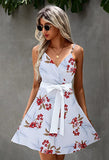 White Red Women's Sexy V Neck Printed Spaghetti Strap Beach Romper Shorts Jumpsuit - Angashion | Women's Cocktail Dresses