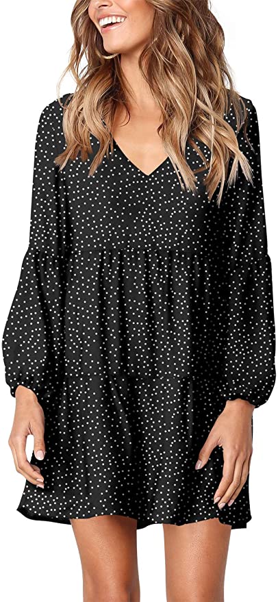 Polka Dot Black Long Sleeve Women Summer Tunic Dress V Neck Casual Loose Flowy Swing Shift Dresses - Amoretu | Women's Casual Dresses
