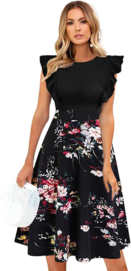Black Floral Womens Dresses Elegant Ruffles Cap Sleeves Summer A-Line Midi Dress - ECOWISH | Women's Cocktail Dresses