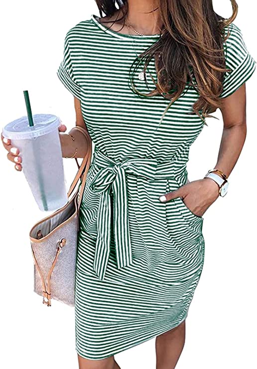 Dark Green Women's Summer Striped Short Sleeve T Shirt Dress Casual Tie Waist Midi Dress - MEROKEETY | Women's Casual Dresses