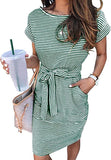 Dark Green Women's Summer Striped Short Sleeve T Shirt Dress Casual Tie Waist Midi Dress - MEROKEETY | Women's Casual Dresses