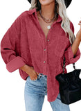 Rose Womens Corduroy Button Down Shirts Boyfriend Long Sleeve Oversized Blouses Tops - Dokotoo