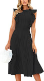 Black Womens Dresses Elegant Ruffles Cap Sleeves Summer A-Line Midi Dress - ECOWISH | Women's Cocktail Dresses