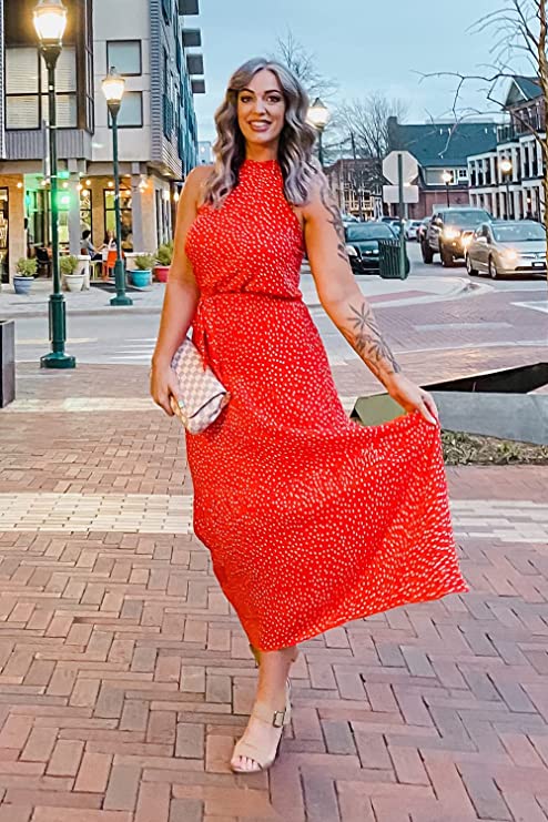Red Women's Casual Halter Neck Sleeveless Floral Long Maxi Dress Backless Loose Ruffle Sundress with Belt - PRETTYGARDEN | Women's Formal Dresses