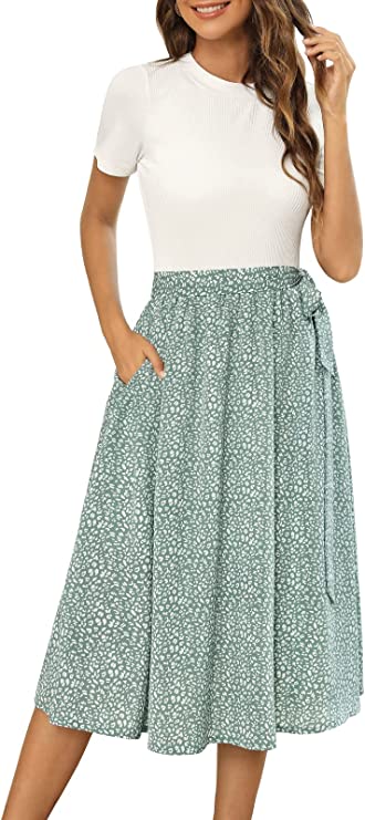 White Light Green Women Short Sleeve Ribbed Midi Dress Modest Casual Work Dress with Pockets - Zattcas | Women's Casual Dresses