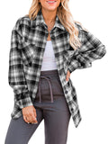 Black And White Womens Casual Plaid Shirts Color Block Long Sleeve Lapel Button Jacket Coats with Pockets - LOGENE | Women's Coat & Jacket