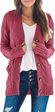 Maroon Women's Long Sleeve Cable Knit Sweater Open Front Cardigan Button Loose Outerwear - MEROKEETY | Women's Cardigan