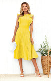 Yellow Womens Dresses Elegant Ruffles Cap Sleeves Summer A-Line Midi Dress - ECOWISH | Women's Cocktail Dresses
