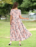 Light Pink Flower Women Casual Loose Bohemian Floral Dress with Pockets Short Sleeve Long Maxi Summer Beach Swing Dress - Yesno | Women's Casual Dresses