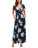 Blue White Ladies Summer Casual V Neck Short Long Sleeve Floral Pattern Wrap Ladies Maxi Long Dress with Pockets - OUGES | Women's Evening Gowns