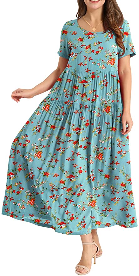 Light Green Women Casual Loose Bohemian Floral Dress with Pockets Short Sleeve Long Maxi Summer Beach Swing Dress - Yesno | Women's Casual Dresses