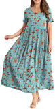Light Green Women Casual Loose Bohemian Floral Dress with Pockets Short Sleeve Long Maxi Summer Beach Swing Dress - Yesno | Women's Casual Dresses
