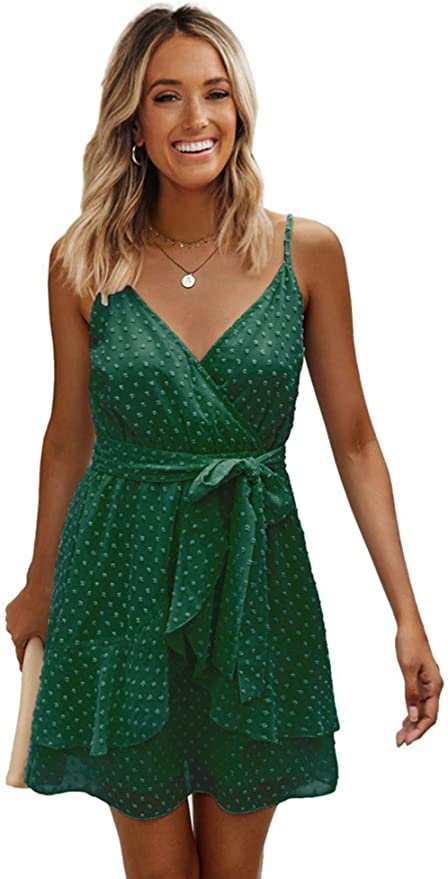 Blackish Green Womens V-Neck Spaghetti Strap Bowknot Backless Sleeveless Lace Mini Swing Skater Dress - Ecowish | Women's Casual Dresses