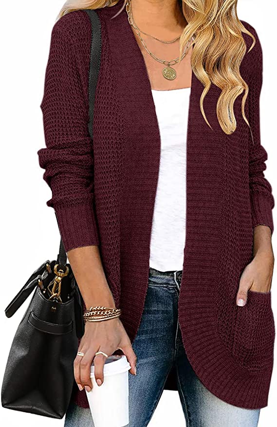 Wine Women's Long Sleeve Open Front Casual Lightweight Soft Knit Cardigan Sweater Outerwear - ZESICA | Women's Cardigan